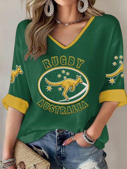 Women's Aussie Australia Rugby Lover Printed Waffle T-shirt