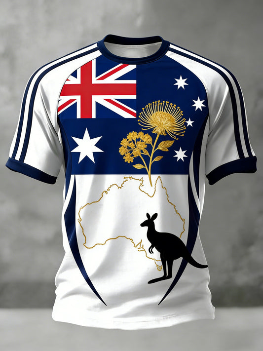 Vintage Australian Flag Badge Sports Stripe Print Casual Cotton T-Shirt