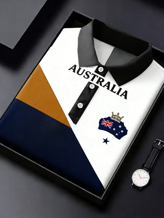 Vintage Australian Flag Badge Print Casual Cotton Short Sleeve Polo Shirt