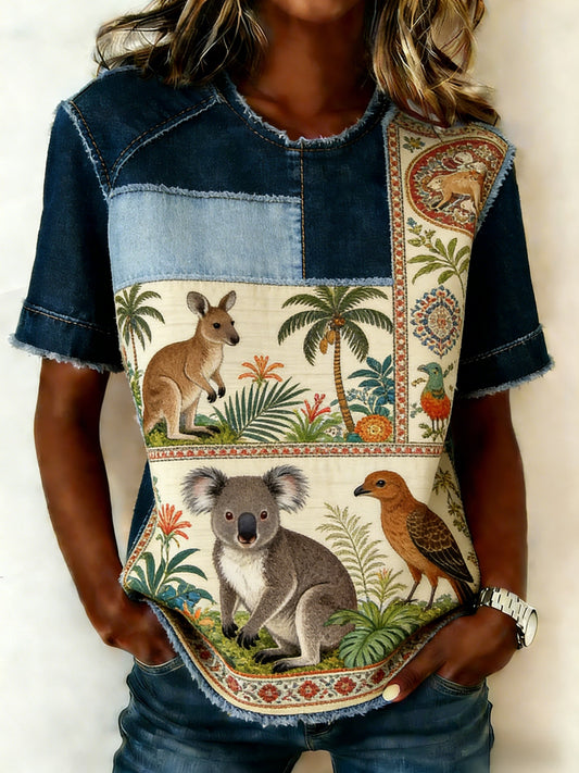 Vintage Australian Animal Patchwork Art Print Casual T-Shirt