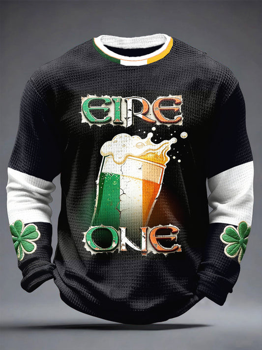 Men's Irish St. Patrick's Day Patchwork Print Waffle Weave Long-Sleeved T-Shirt