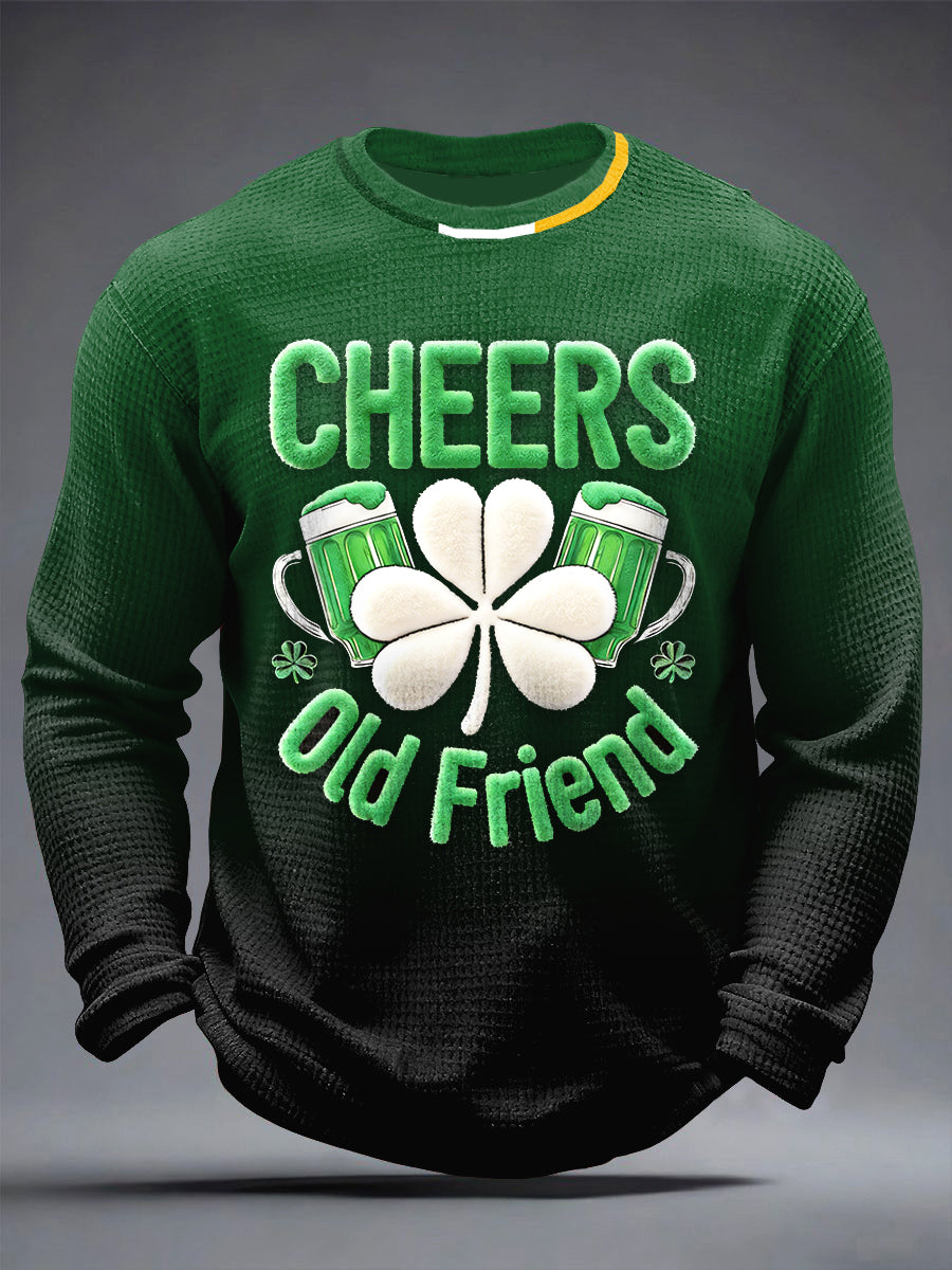Men's St Patrick's Day 3D-Printed Waffle Weave Gradient Long-Sleeved T-Shirt