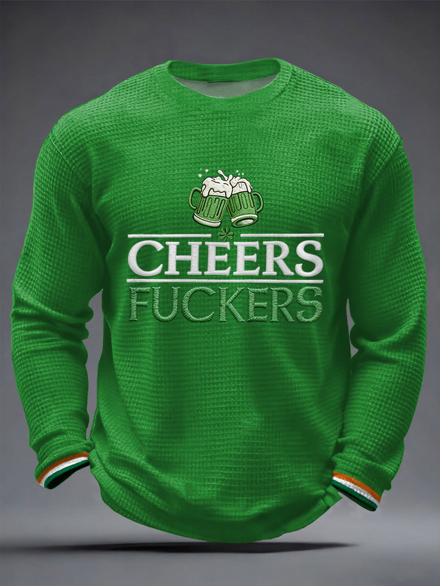 Men's Funny St. Patrick's Day Cheers F*ckers Green Beer Print Casual Waffle Long Sleeve T-Shirt