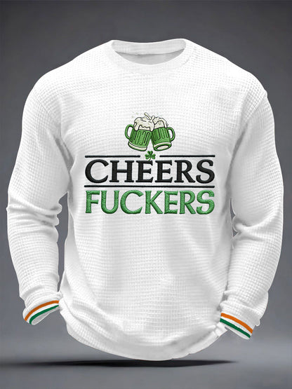 Men's Funny St. Patrick's Day Cheers F*ckers Green Beer Print Casual Waffle Long Sleeve T-Shirt