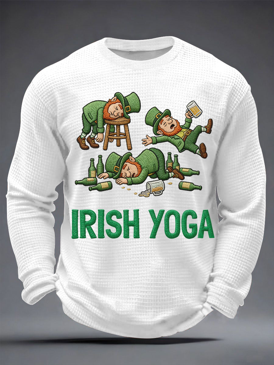 Men's Funny St. Patrick's Day Irish Yoga Print Casual Waffle Long Sleeve T-Shirt