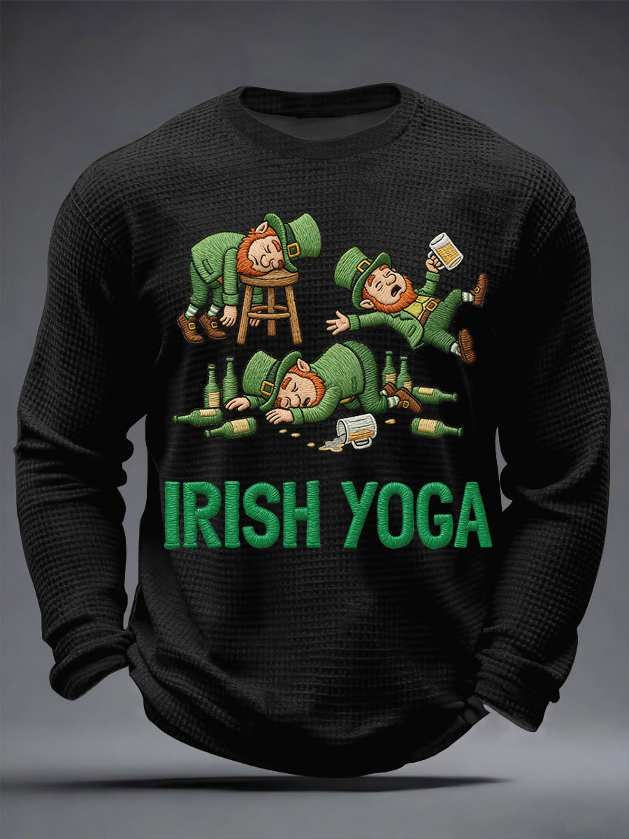 Men's Funny St. Patrick's Day Irish Yoga Print Casual Waffle Long Sleeve T-Shirt