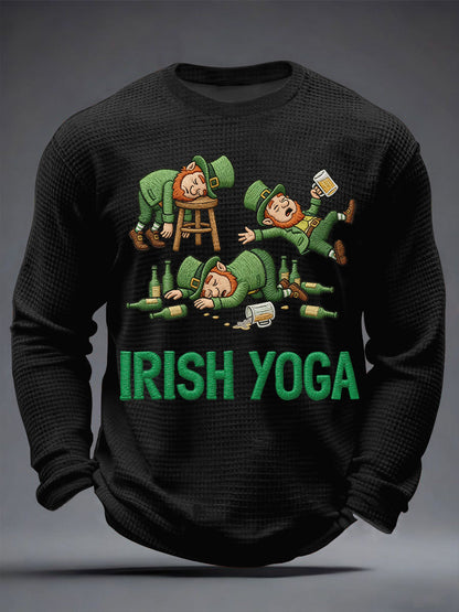 Men's Funny St. Patrick's Day Irish Yoga Print Casual Waffle Long Sleeve T-Shirt
