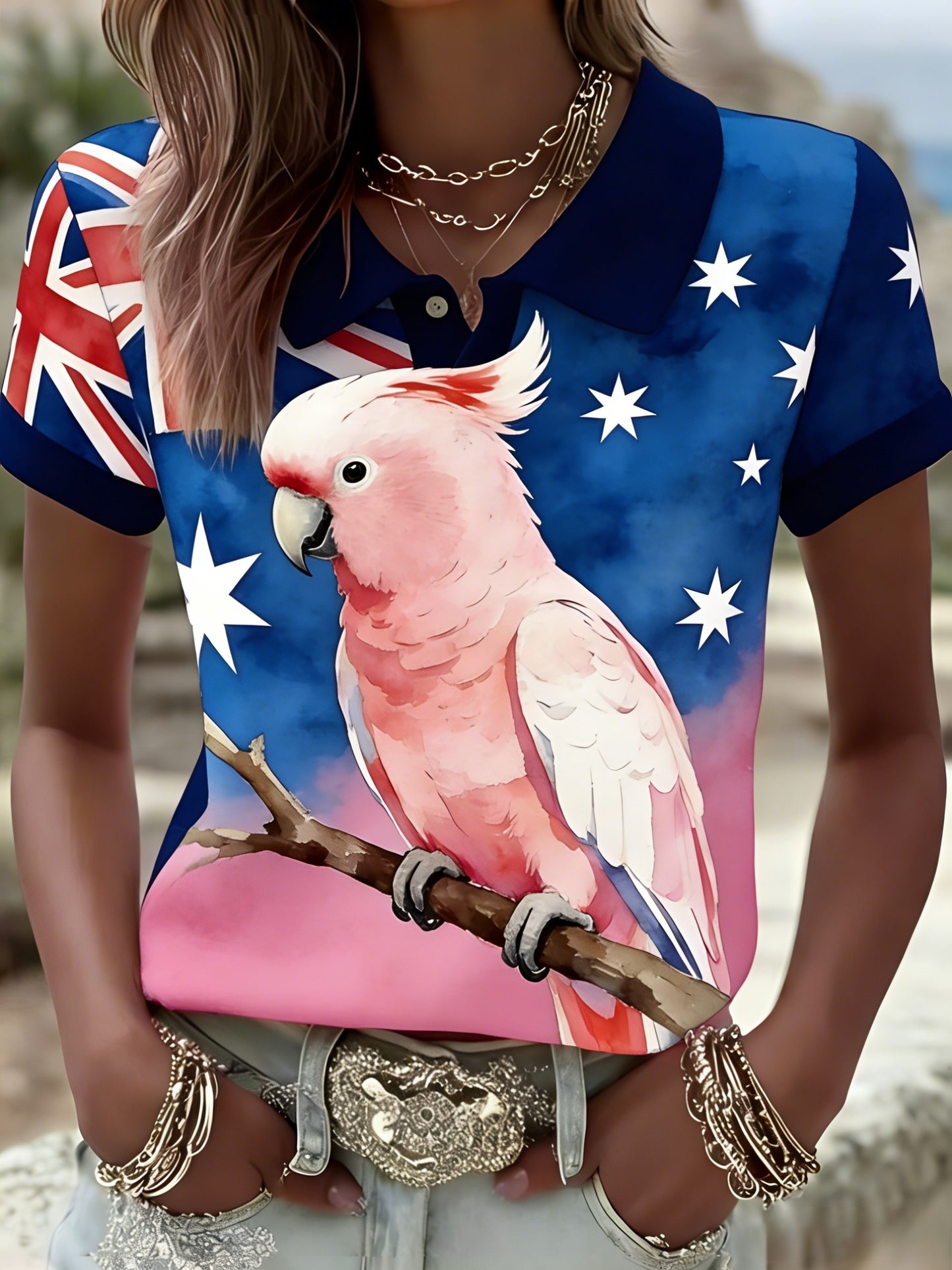 Women's Vintage Aussie Cute Pink Cockatoo Casual Comfortable Short Sleeve Polo Shirt