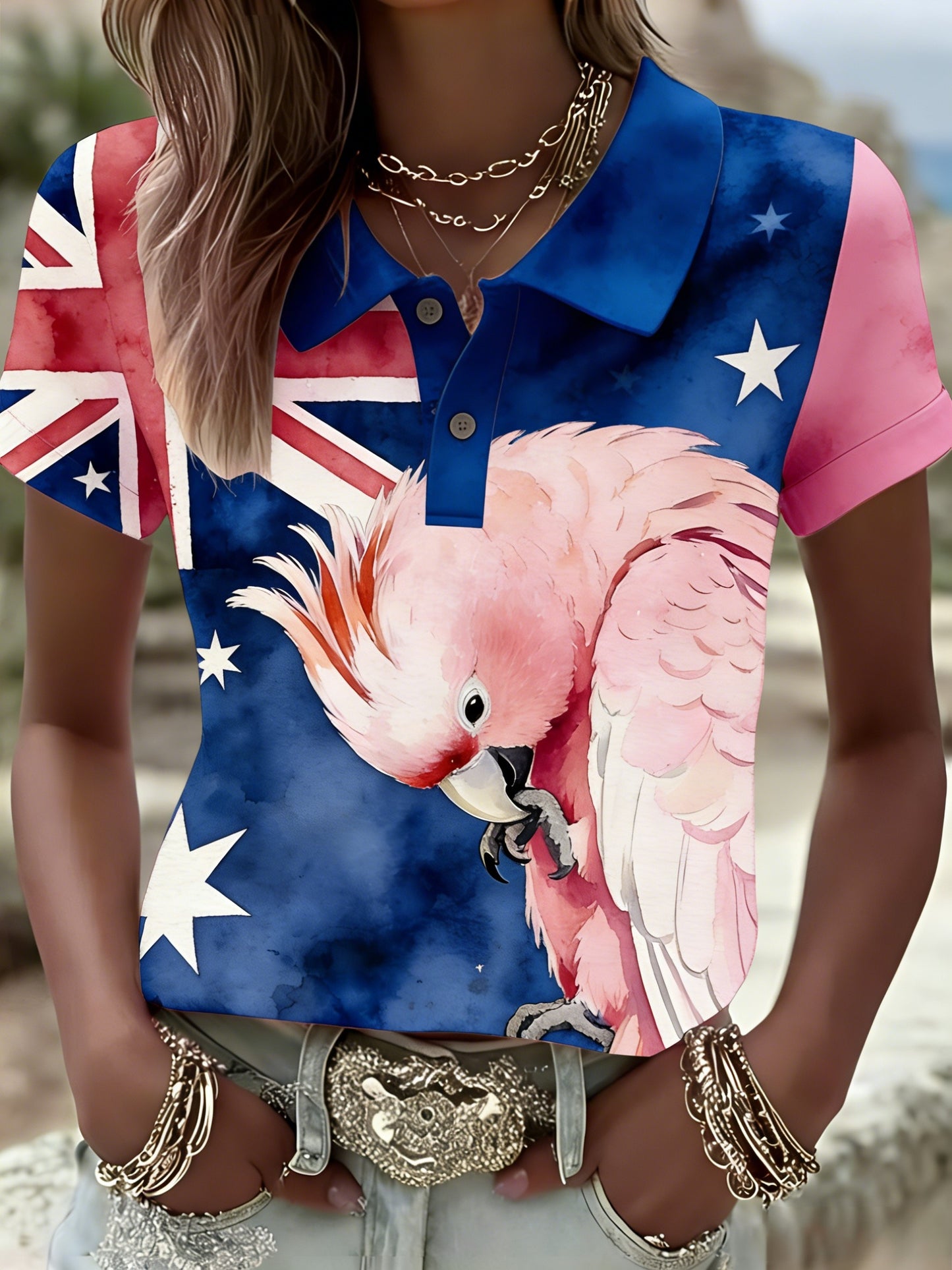 Women's Vintage Aussie Cute Pink Cockatoo Casual Comfortable Short Sleeve Polo Shirt