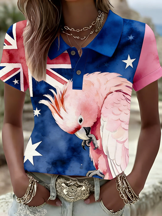 Women's Vintage Aussie Cute Pink Cockatoo Casual Comfortable Short Sleeve Polo Shirt
