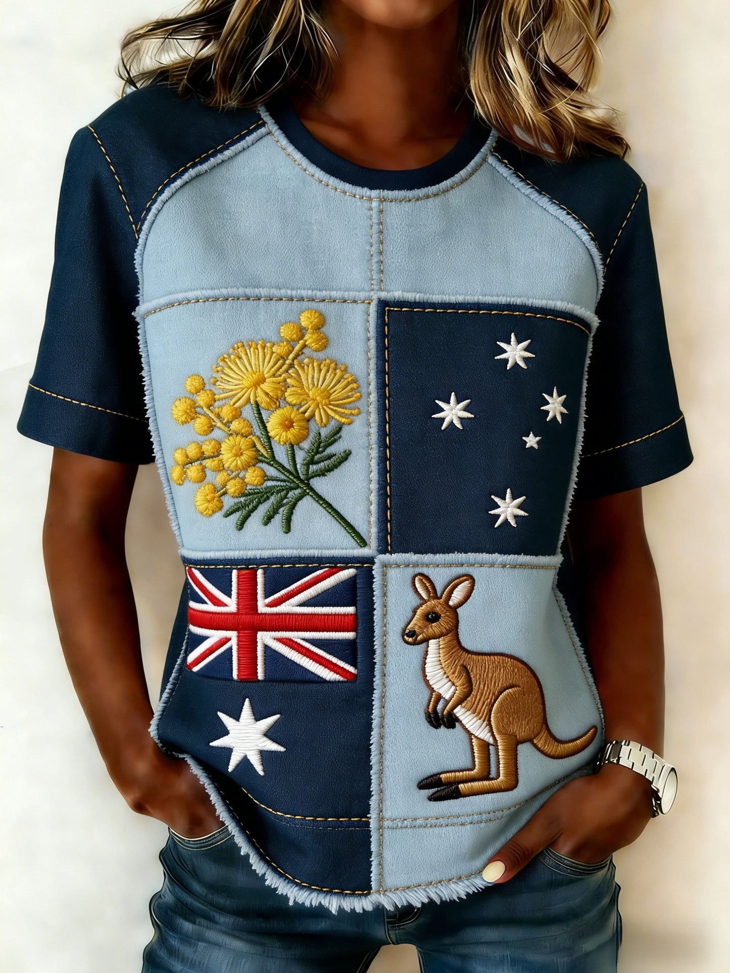 Women's Retro Australian Kangaroo Patchwork Art Casual Comfortable Short Sleeve T-Shirt