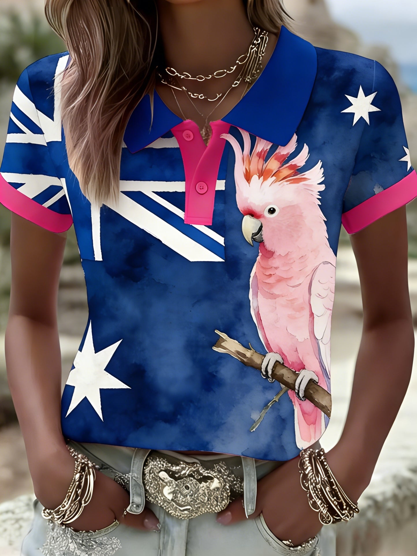 Women's Vintage Aussie Cute Pink Cockatoo Casual Comfortable Short Sleeve Polo Shirt