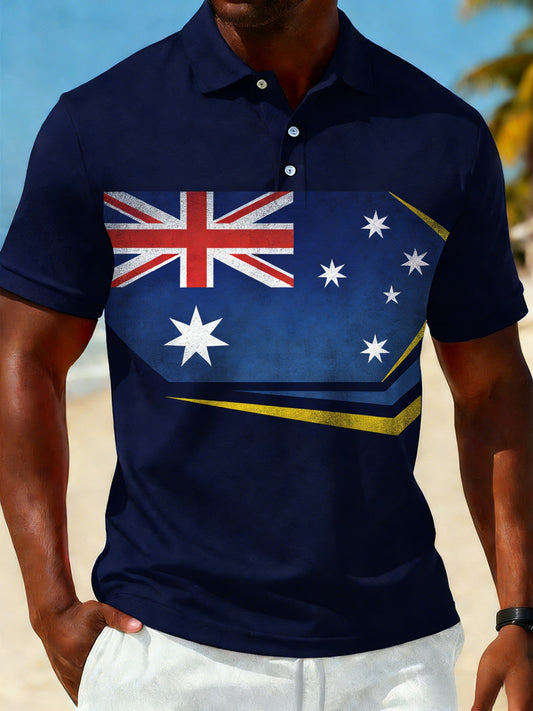 Men's  Retro Australian Flag Badge Casual Comfortable Short Sleeve Polo Shirt