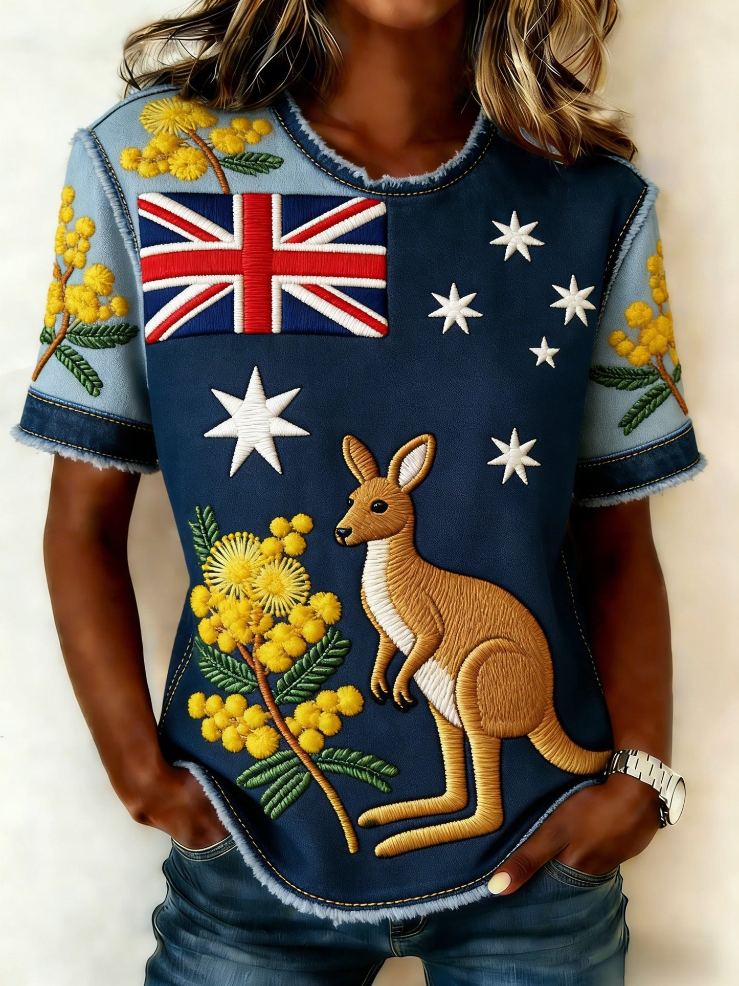 Women's Retro Australian Kangaroo Patchwork Art Casual Comfortable Short Sleeve T-Shirt