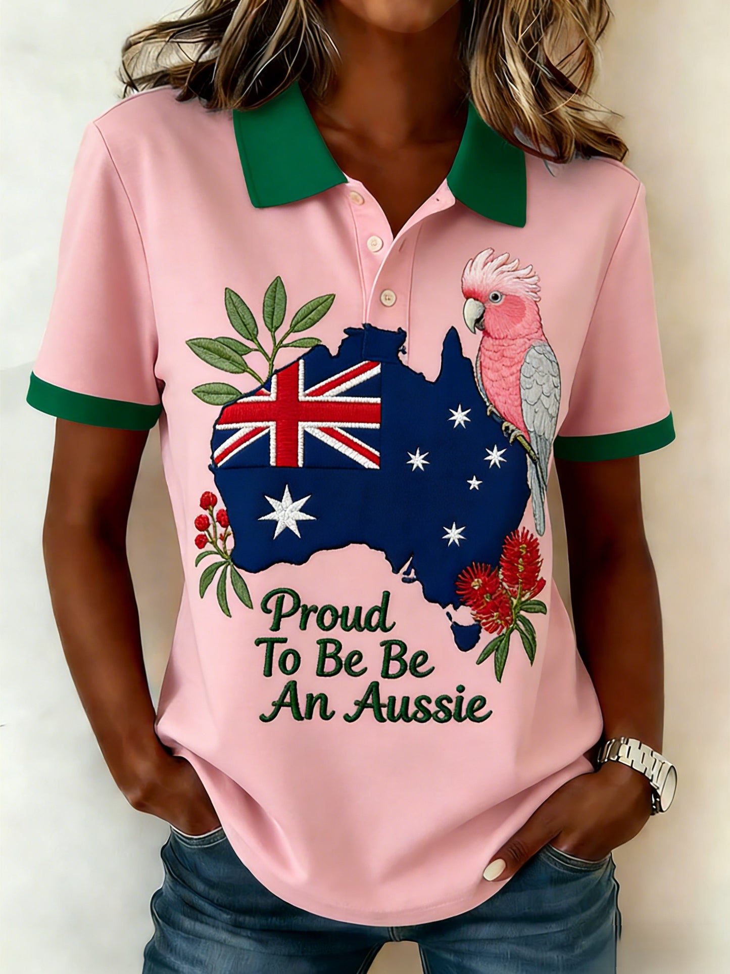 Women's Vintage Aussie Cute Pink Cockatoo Casual Comfortable Short Sleeve Polo Shirt