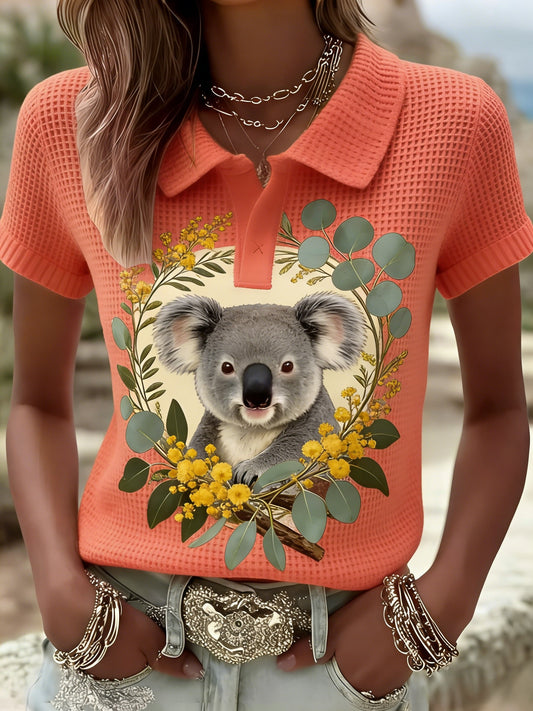 Women's Retro Australian Koala Art Casual Waffle Short Sleeve T-Shirt