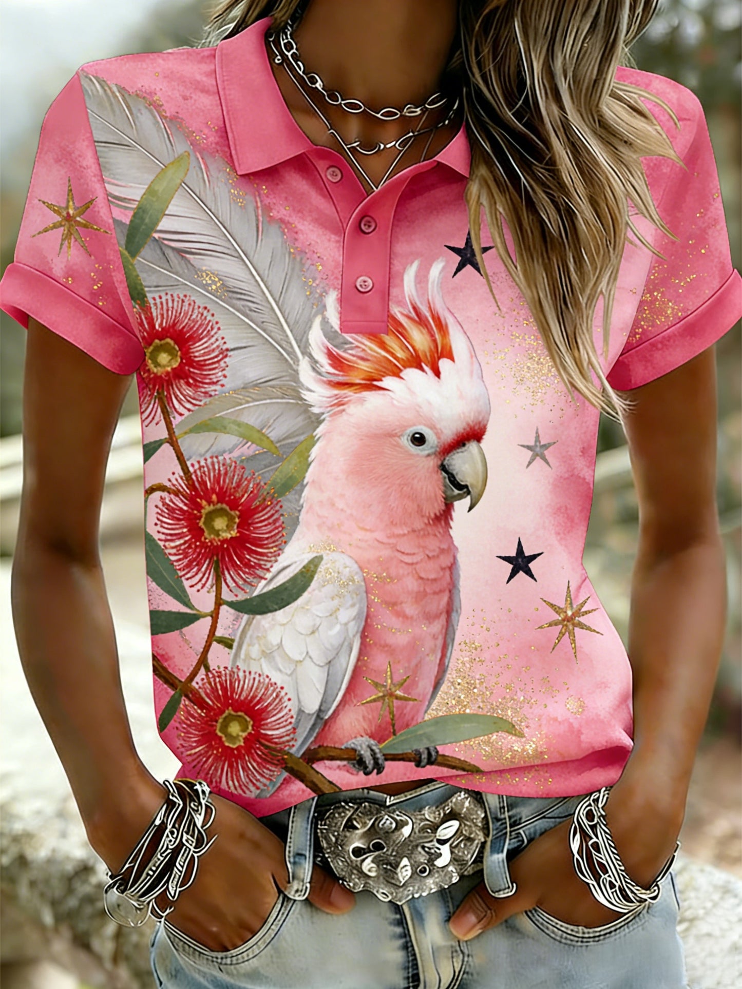 Women's Vintage Aussie Cute Pink Cockatoo Casual Comfortable Short Sleeve Polo Shirt