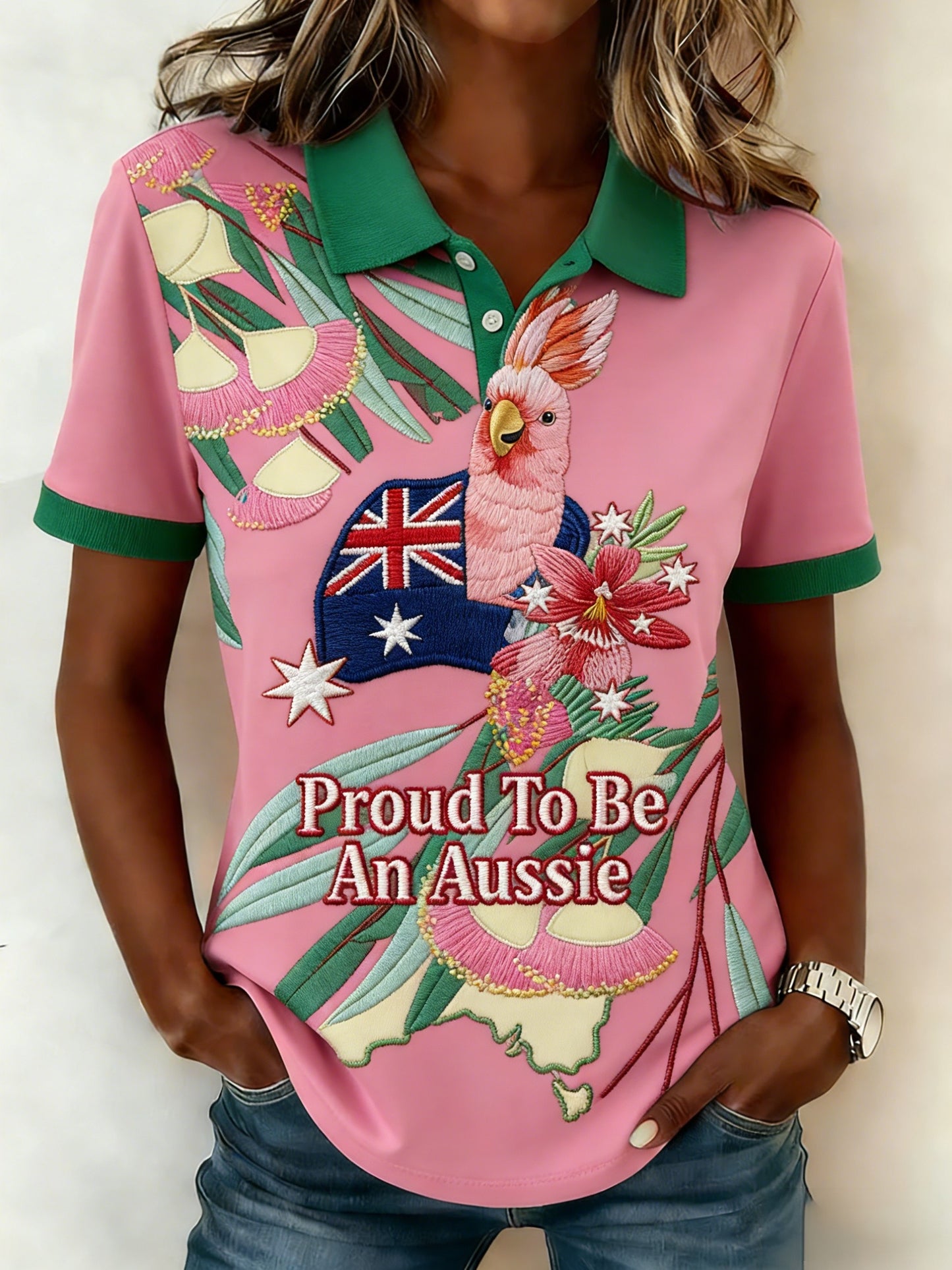 Women's Vintage Aussie Cute Pink Cockatoo Casual Comfortable Short Sleeve Polo Shirt