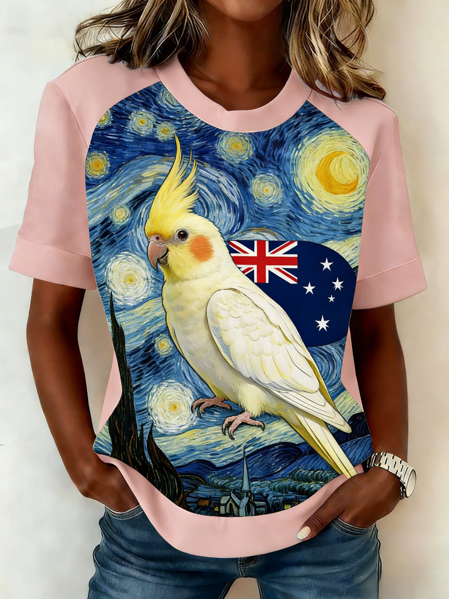 Women's Vintage Aussie Cute Pink Cockatoo Casual Comfortable Short Sleeve T-Shirt