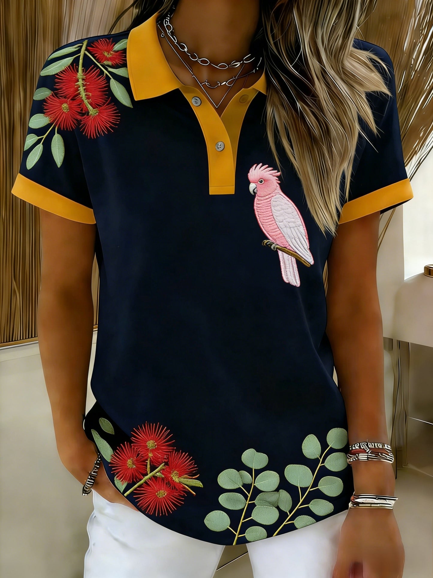 Women's Vintage Aussie Cute Pink Cockatoo Casual Comfortable Short Sleeve T-Shirt