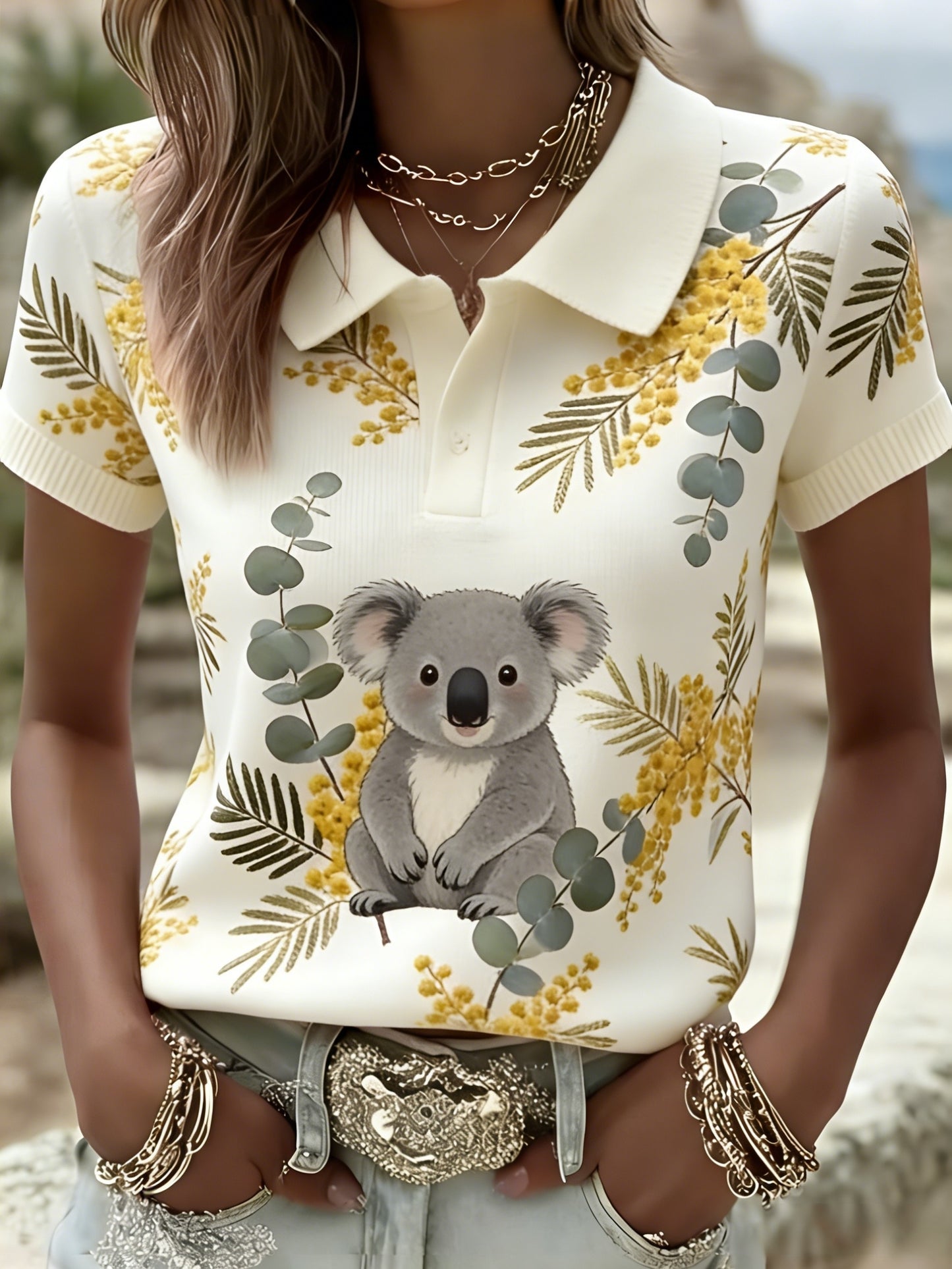 Women's Retro Australian Koala Floral Art Casual Comfortable Short Sleeve T-Shirt