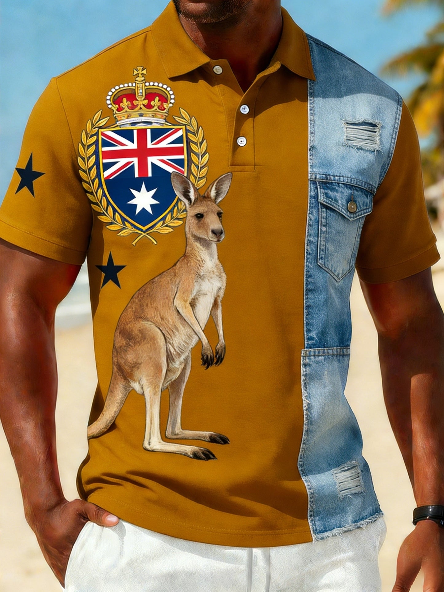 Men's Retro Australian Flag Patch Patchwork Casual Short Sleeve T-Shirt