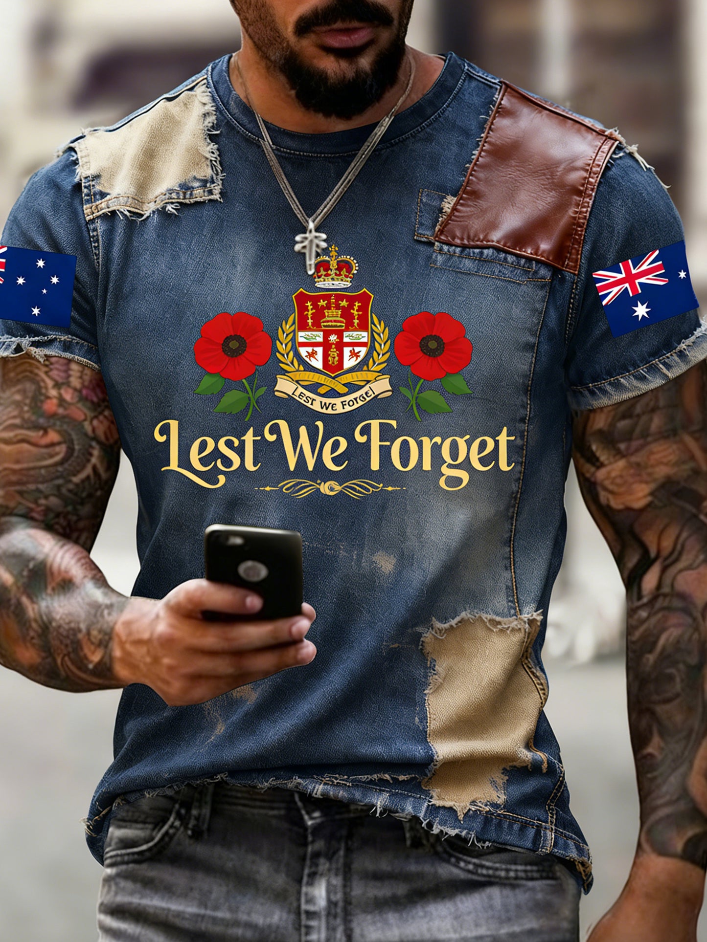 Retro ANZAC Day Commemorative Print Casual T-shirt