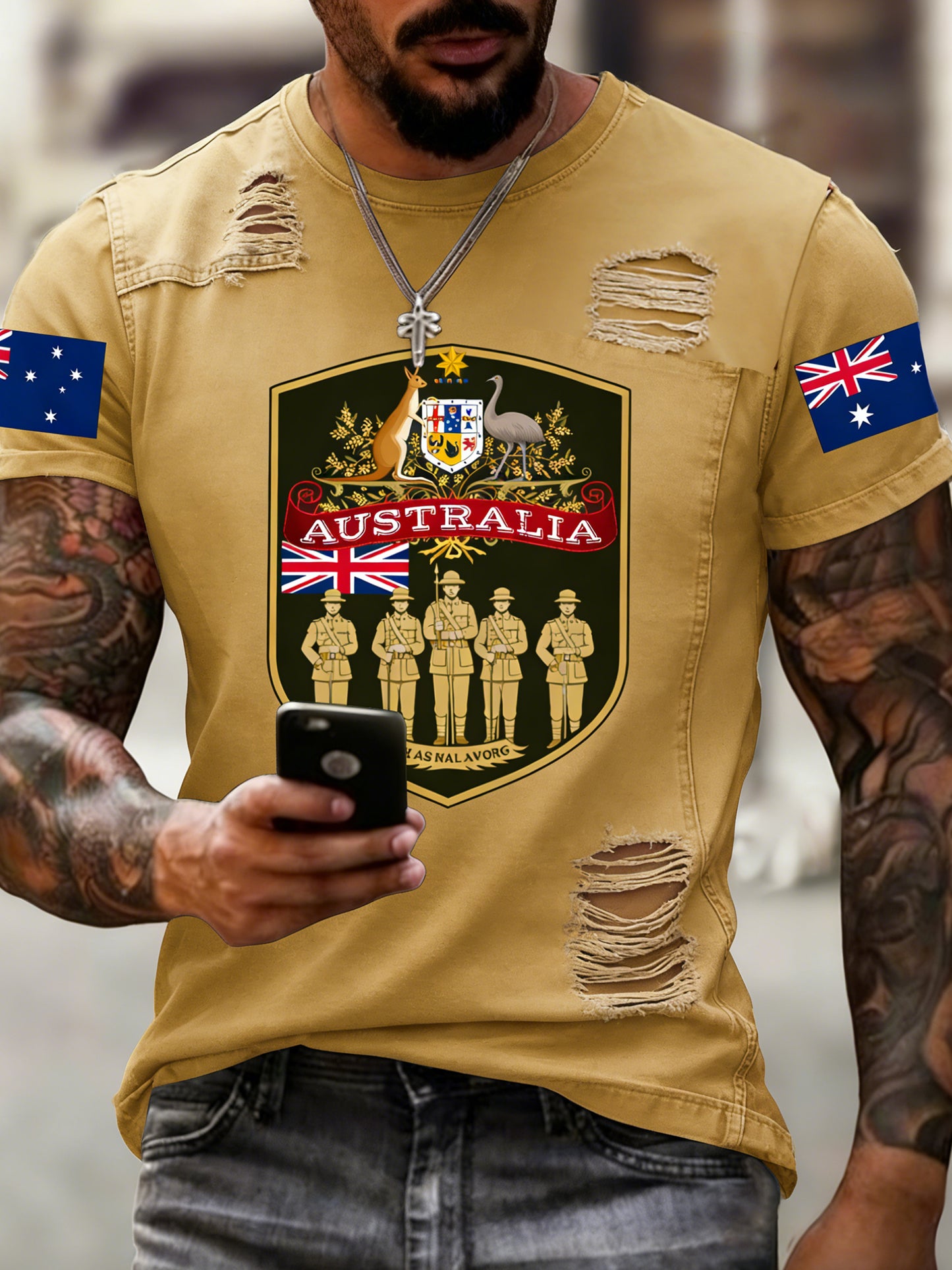 Retro ANZAC Day Commemorative Print Casual T-shirt