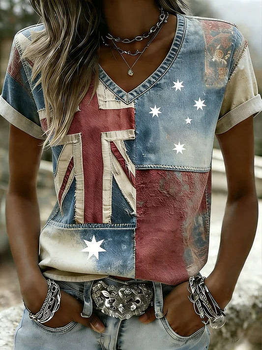 Women's Australian Flag Art Print V-Neck Short Sleeve T-shirt