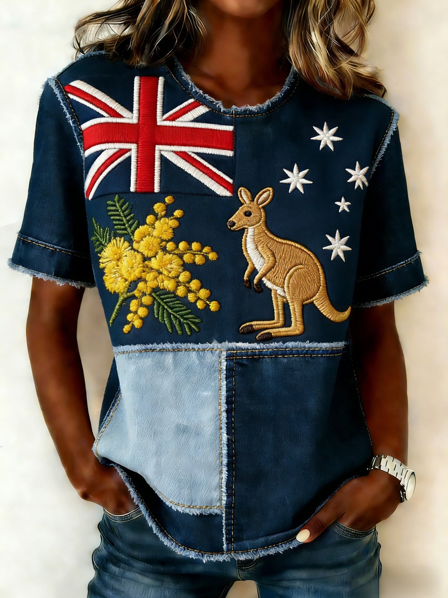 Women's   Retro Australian Flag Badge  Patchwork Short-Sleeve T-Shirt
