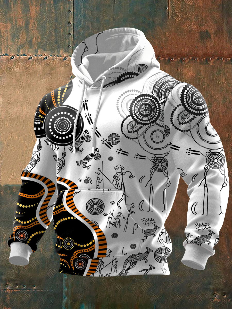 Men's  AU Aboriginal Culture Printed Oversized Drop-Shoulder Hoodie with Pockets