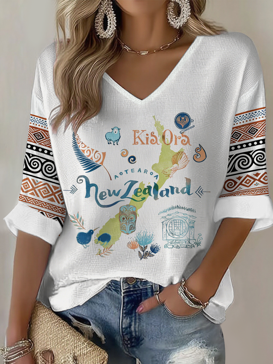 Women's Maori Art NZ Printed Waffle T-shirt