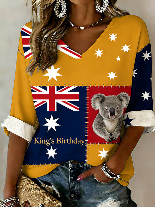 Retro Australian-Style Art "King's Birthday" Print Casual Top