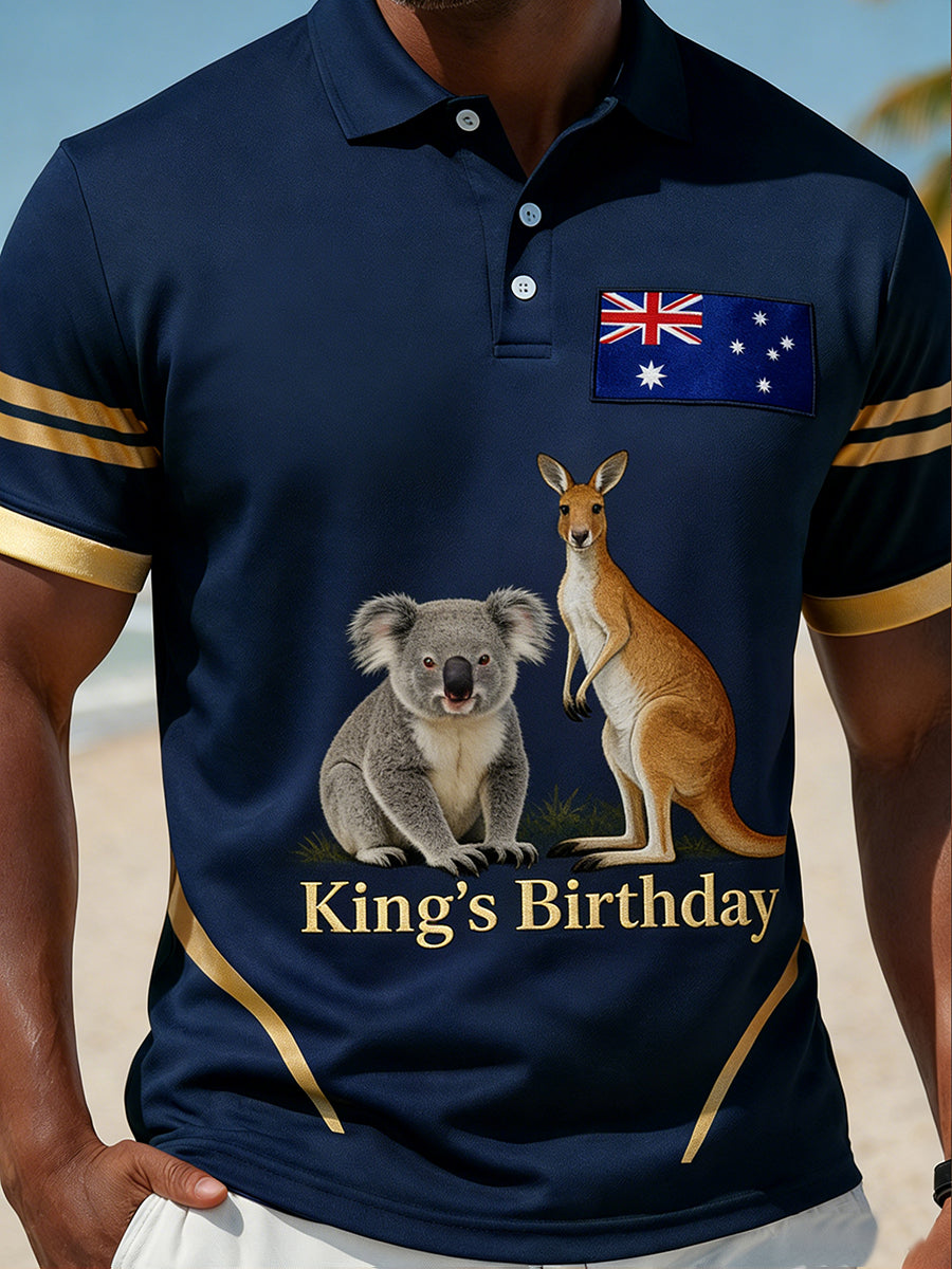 Retro Australian-Style Art "King's Birthday" Print Casual Polo Shirt