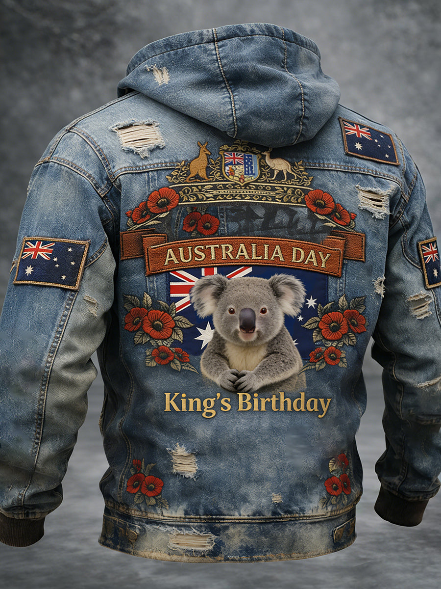 Retro Australian-Style Art "King's Birthday" Print Casual Hooded Jacket
