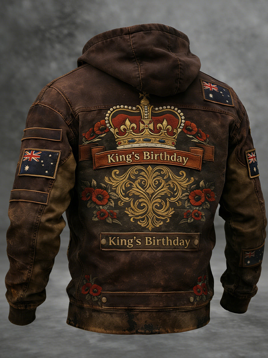 Retro Australian-Style Art "King's Birthday" Print Casual Hooded Jacket