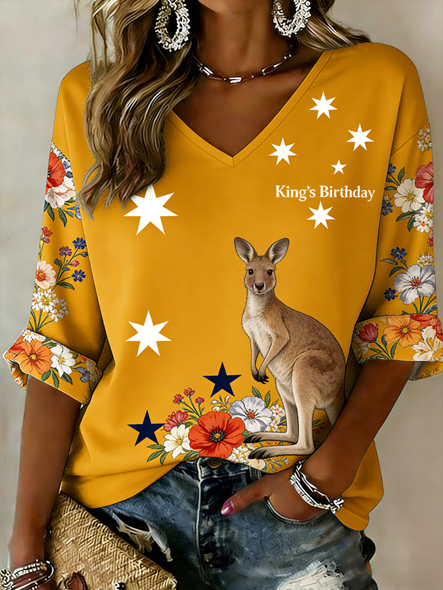 Retro Australian-Style Art "King's Birthday" Print Casual Top