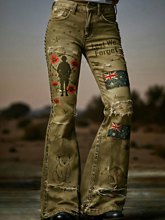 Women's Retro Australian Art Print Casual Jeans