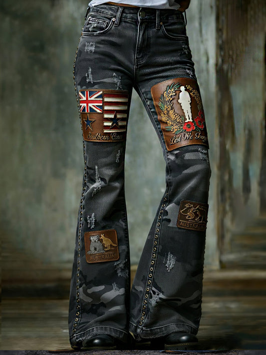 Women's Retro Australian Art Print Casual Jeans