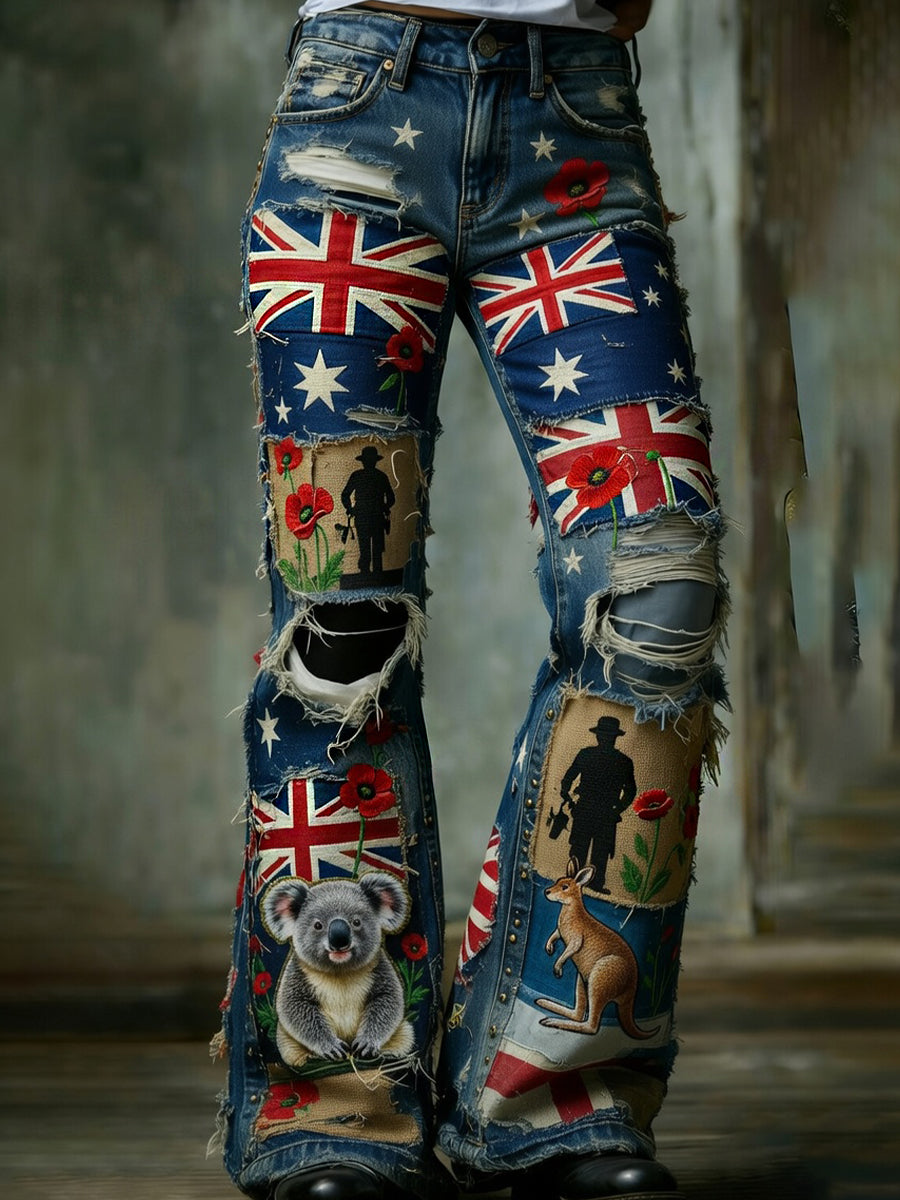 Women's Retro Australian Art Print Casual Jeans