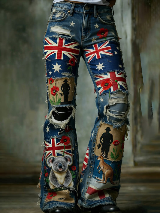 Women's Retro Australian Art Print Casual Jeans