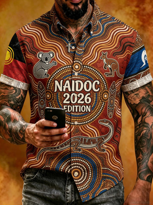 Retro Australian Art Print Casual Cotton-Linen Shirt