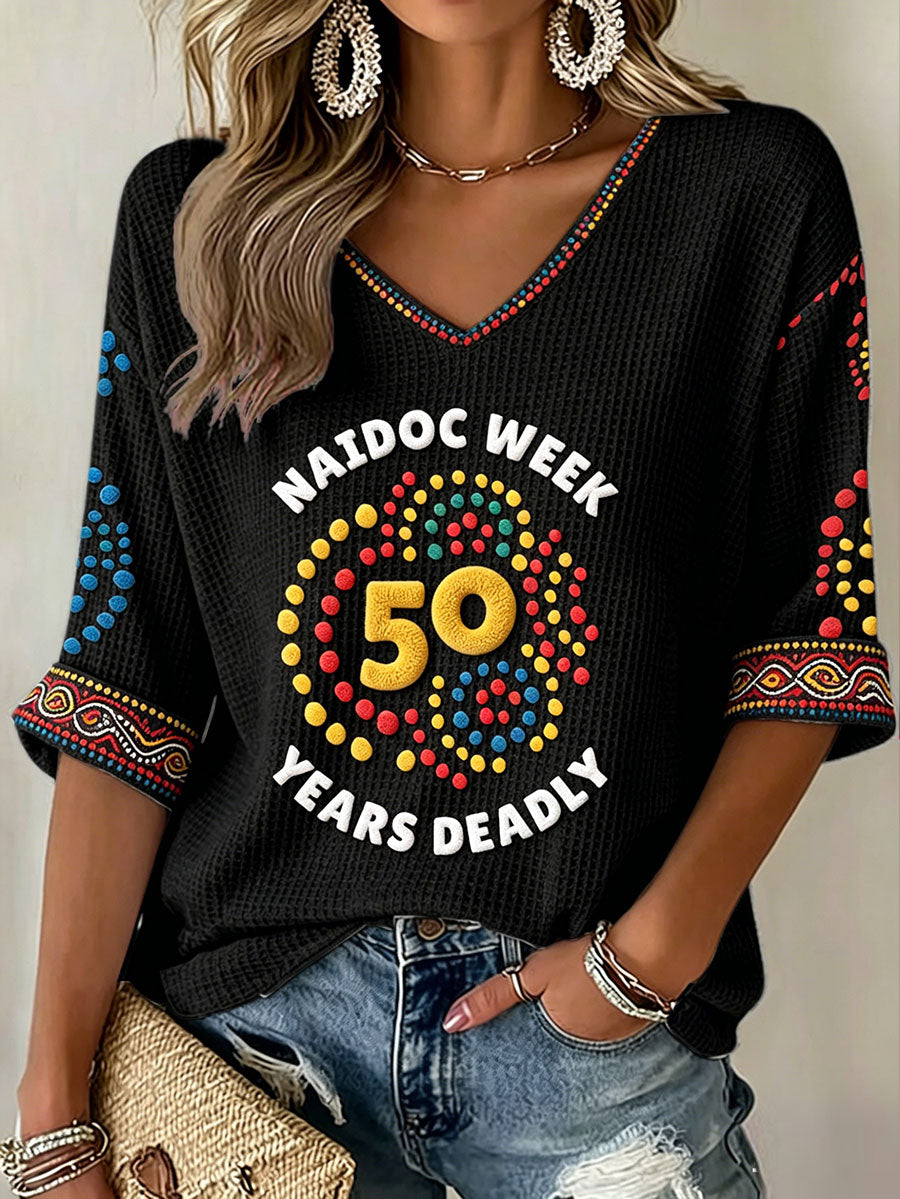 Women's AU Aboriginal Culture 50 Years of Deadly NAIDOC WEEK Printed Waffle T-shirt