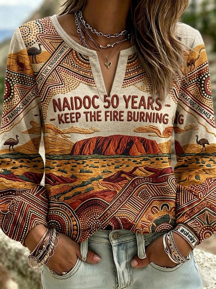 Women's AU Aboriginal Art NAIDOC Week Cotton-Linen Long-Sleeve T-Shirt