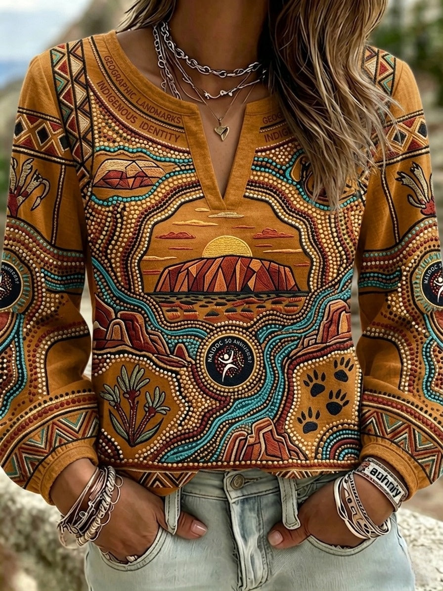 Women's AU Aboriginal Art NAIDOC Week Cotton-Linen Long-Sleeve T-Shirt