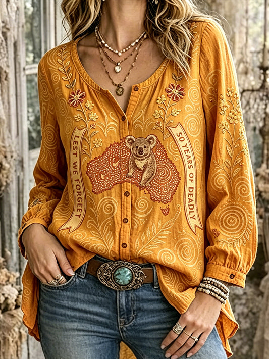 Women’s Australia's NAIDOC Week Print Vintage-Style Casual Linen-Cotton Shirt