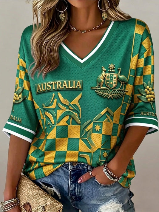Women's Australia Football Lover Art Printed V-Neck T-Shirt