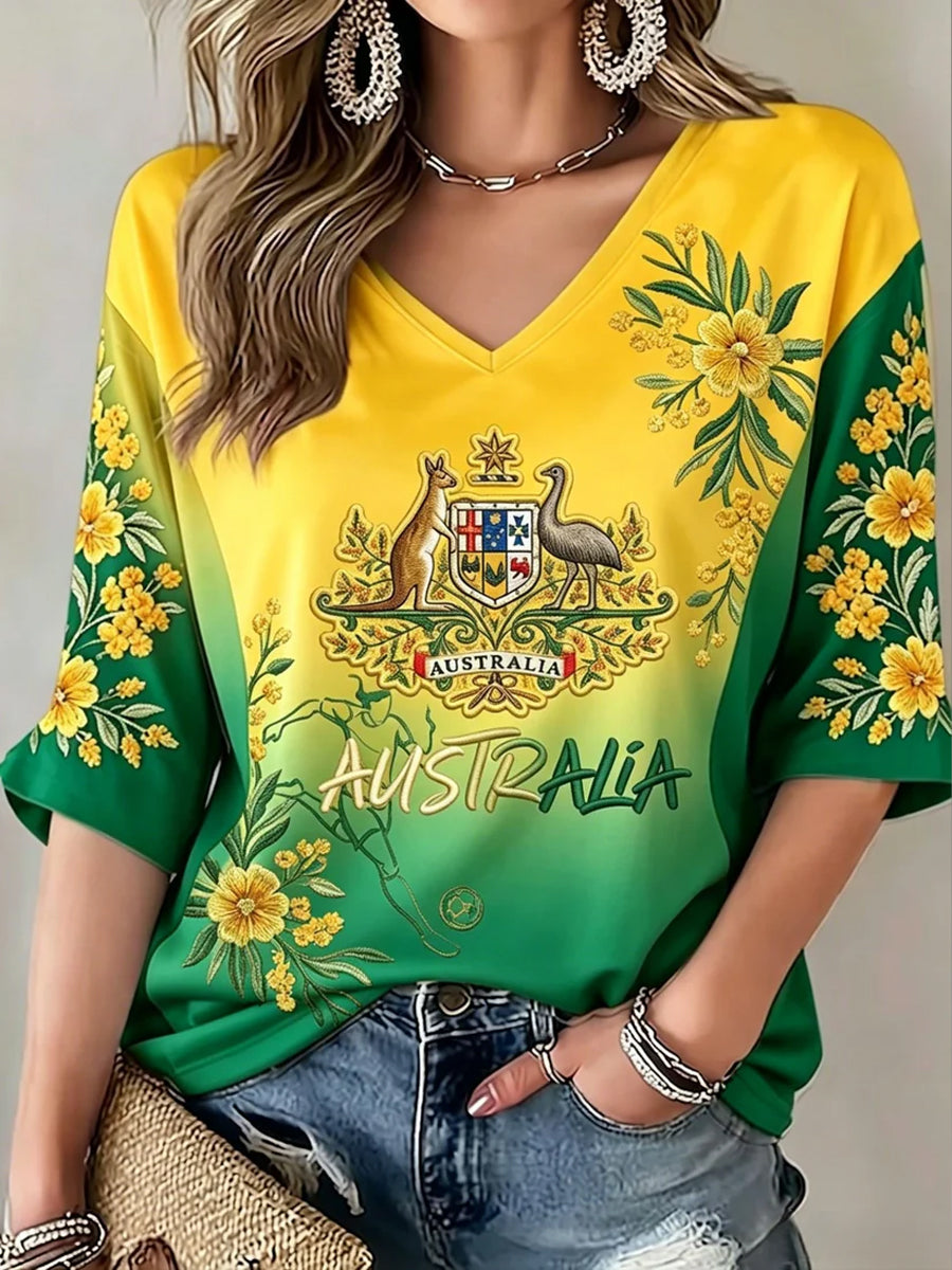 Women's Australia Football Lover Art Printed V-Neck Mid-length Sleeves T-Shirt