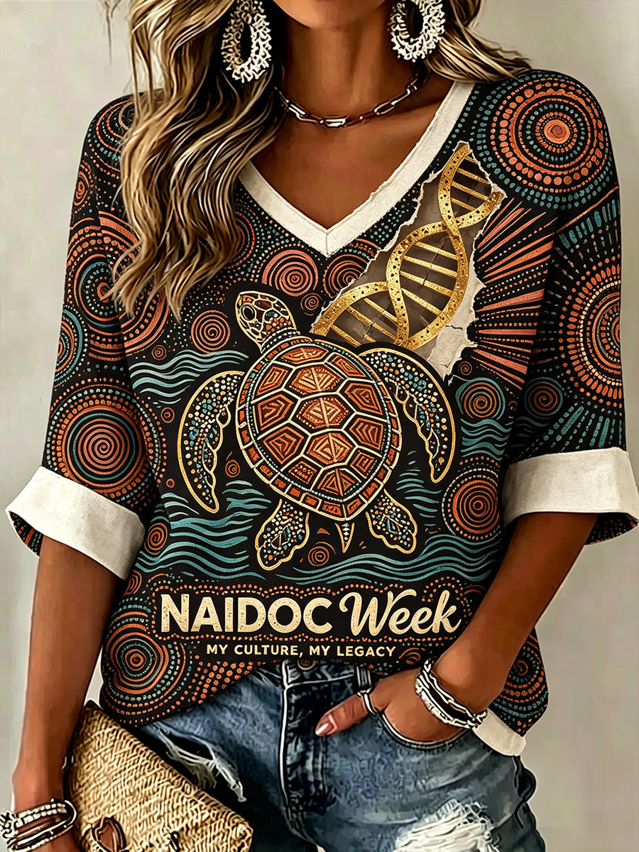 Women's USA Inspired Floral Embroidery Pattern Linen V-Neck Shirt