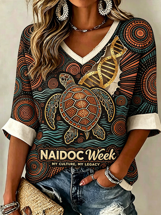 Women's USA Inspired Floral Embroidery Pattern Linen V-Neck Shirt